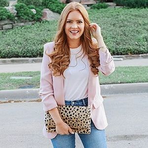 SheIn Women's Shawl Collar 3/4 Ruched Sleeve Open Front Blazer Jacket Large Pink